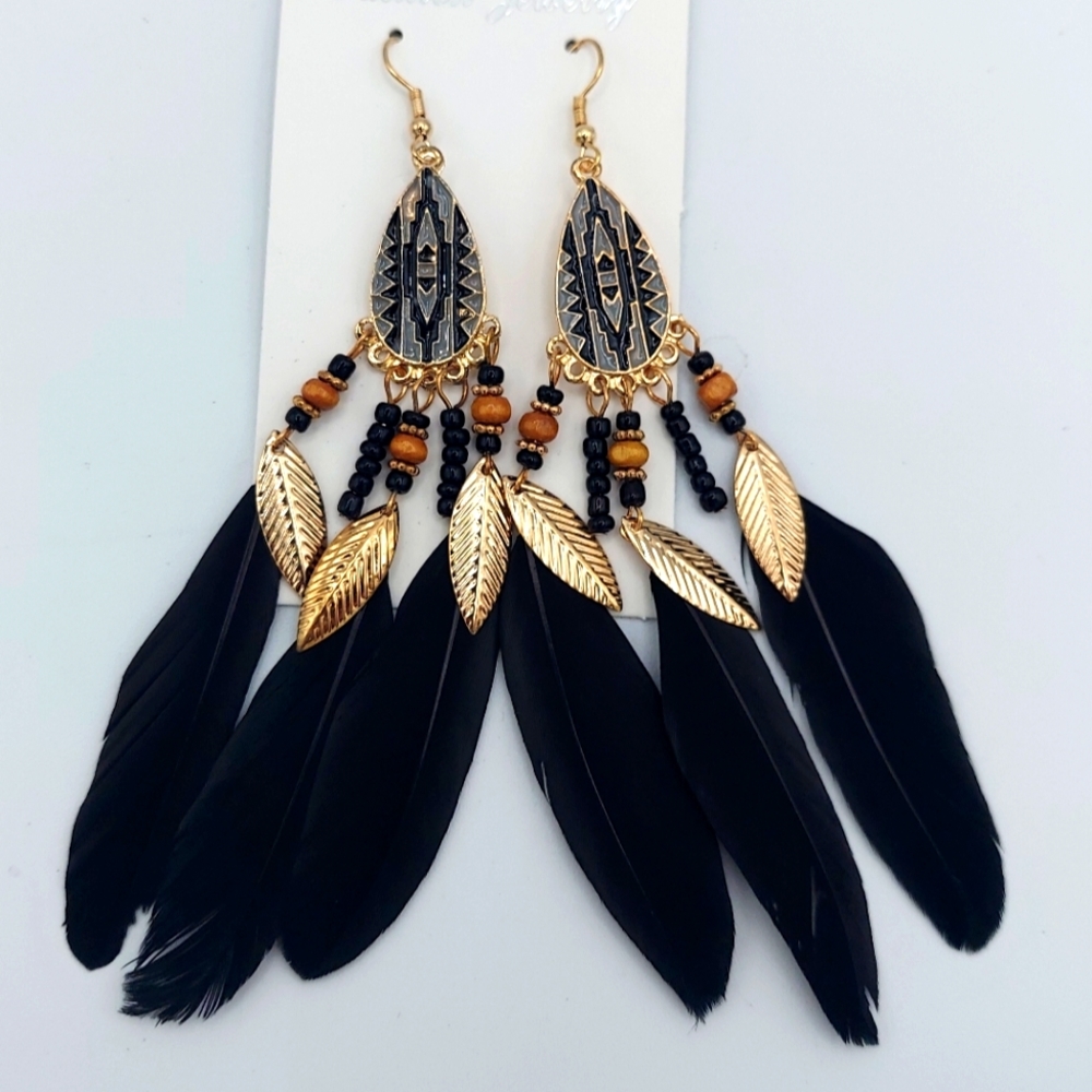 Black Feather wood seed bead gold accent dangle earrings NEW